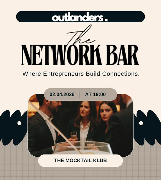 Promotional poster for 'The Network Bar' event at The Mocktail Klub with text and a photo of people networking.