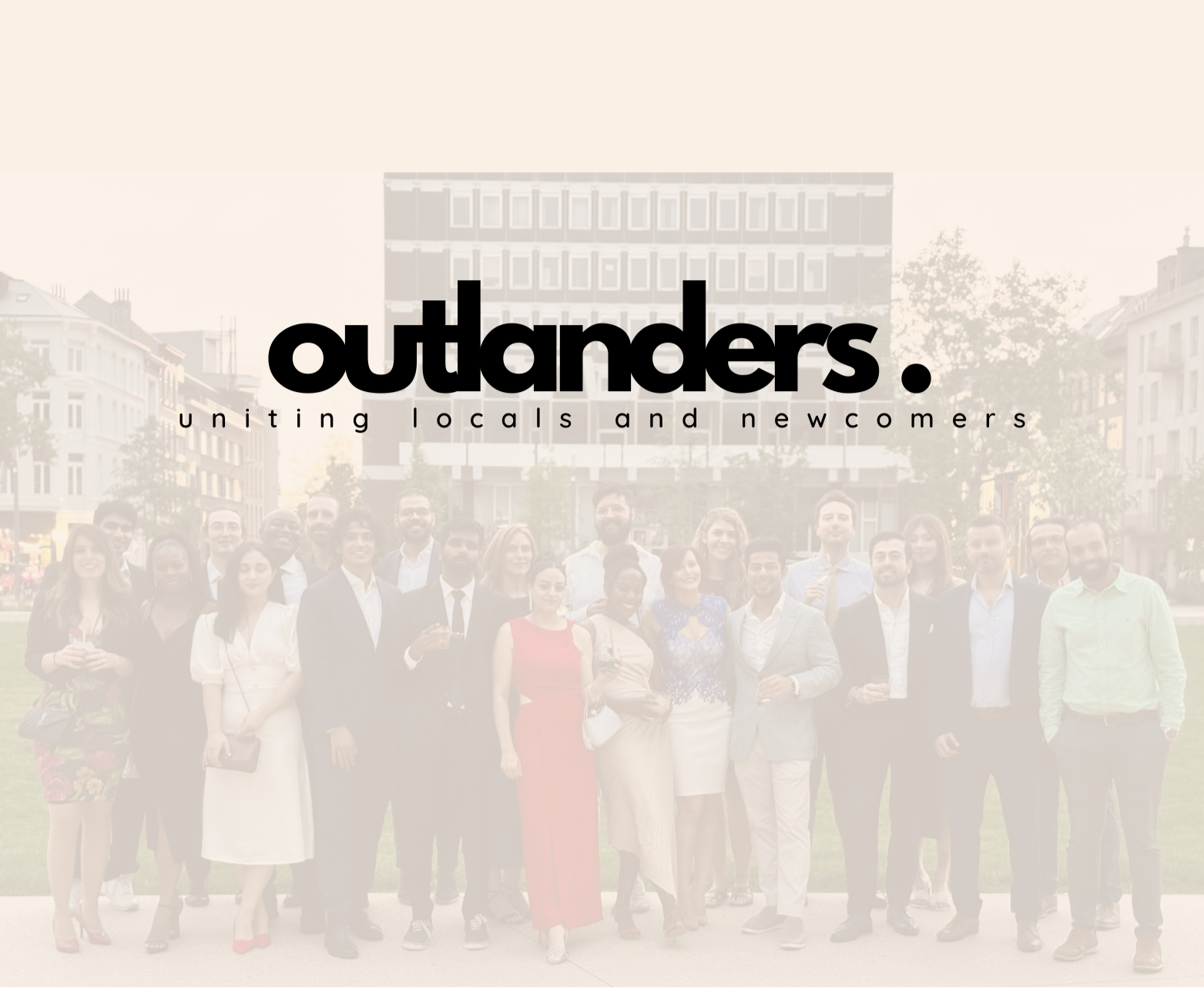 Promotional image for 'outlanders' with a group of people standing in front of a building.