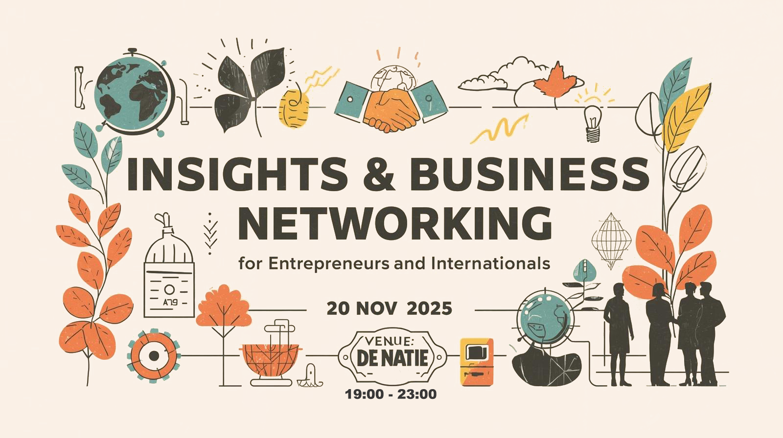 Promotional graphic for an event titled 'Insights & Business Networking' for entrepreneurs and internationals on November 20, 2025.