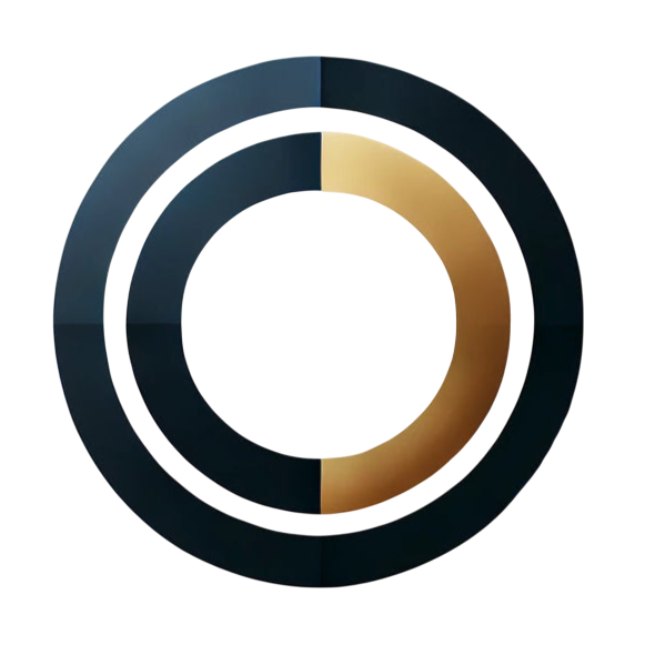 Circular logo with black, white, and gold colors on a white background