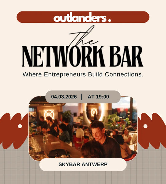 Promotional poster for 'The Network Bar' event at Skybar Antwerp with text and image of people networking.